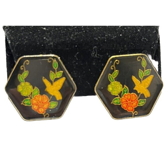 Vintage Cloisonné Bird Clip On Earrings Retro Bird Lovers Gold Tone Hexagon - Picture 1 of 10